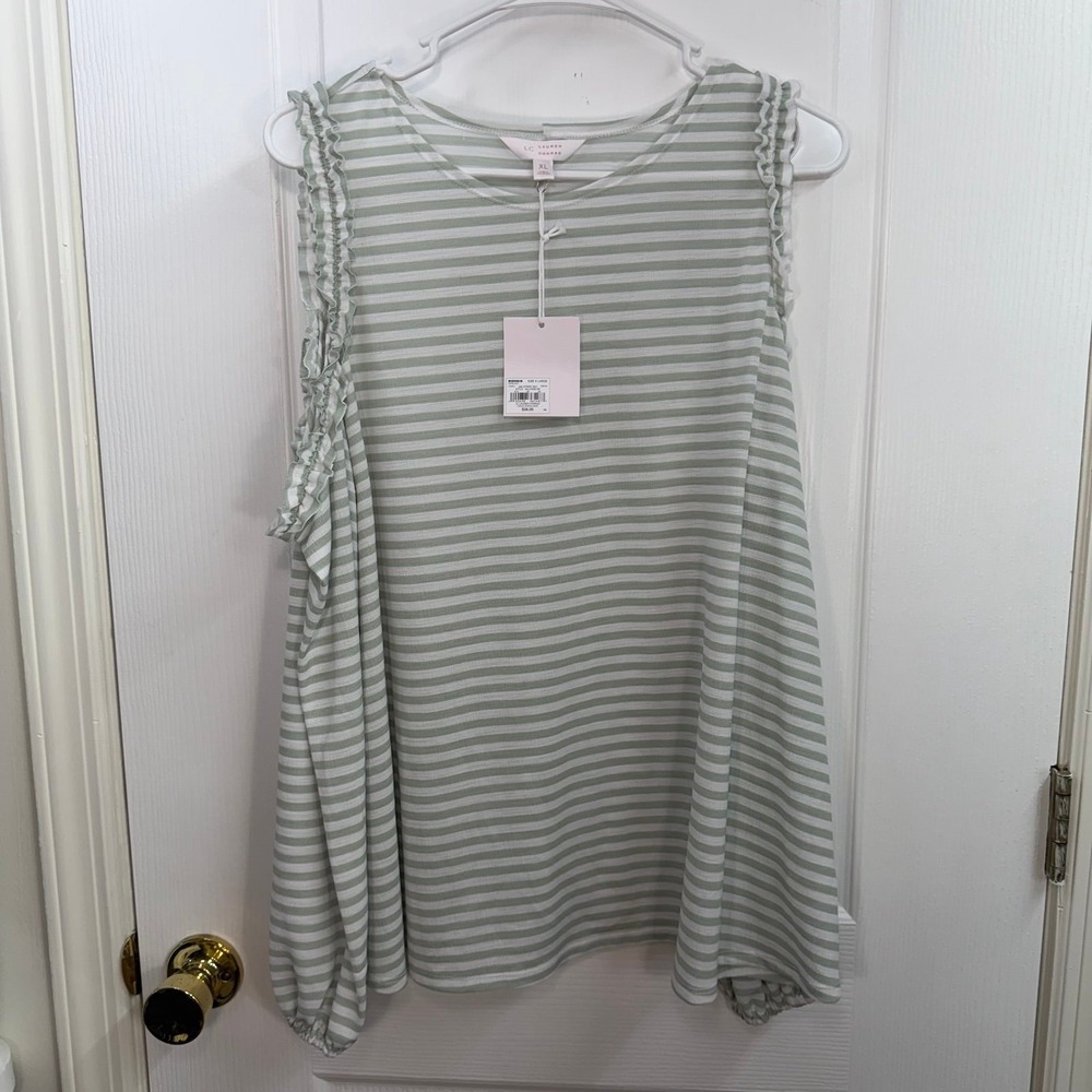 NEW LC Lauren Conrad greenish gray striped cold shoulder cutout ruffle blouse XL